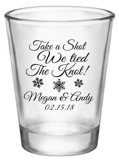 Winter wedding shot glasses, take a shot we tied the knot