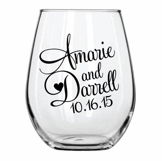 Personalized Stemless wine glasses, monogram design, personalized wedding favors with your names and wedding date
