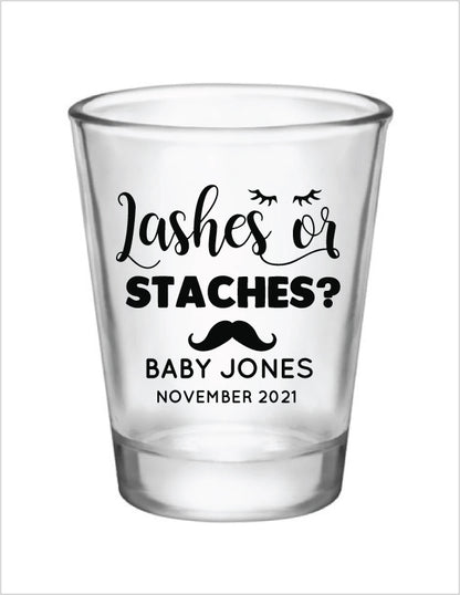 Personalized lashes or staches gender reveal shot glasses 