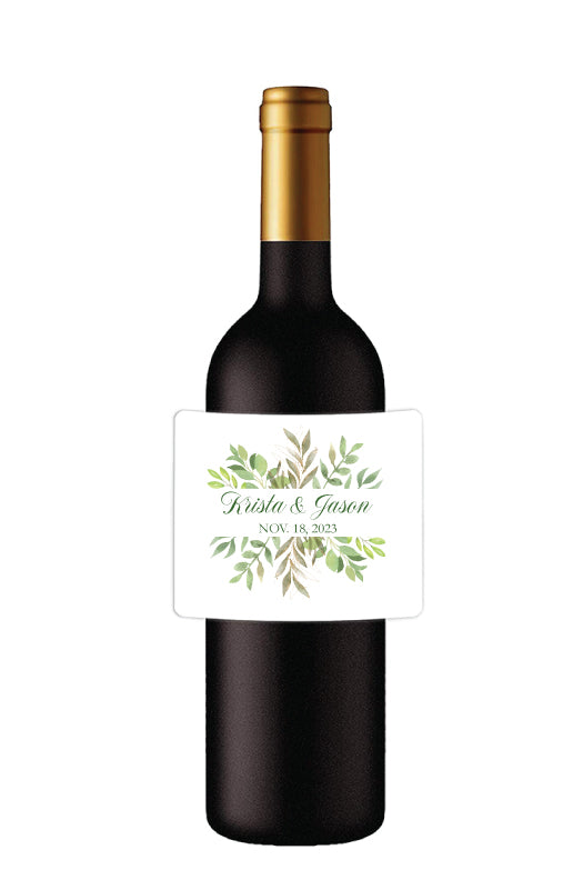 Etiquetas para botellas de vino de boda: borde de hojas
