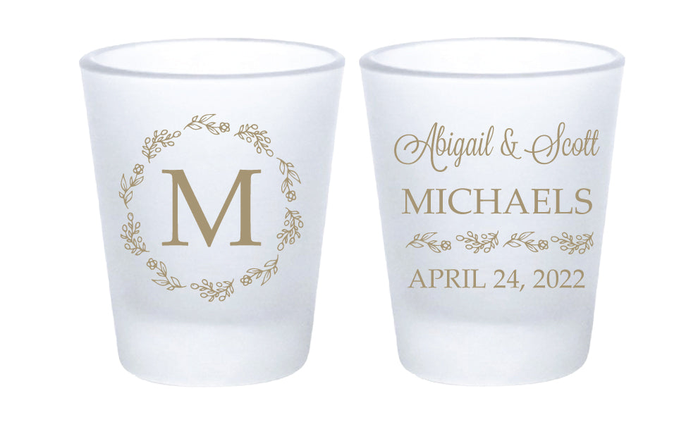 Floral monogrammed wedding shot glasses