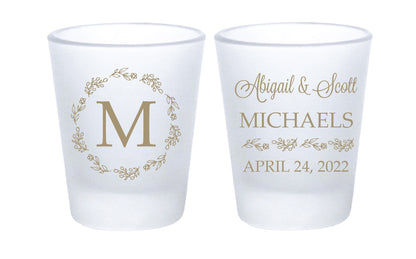 Floral monogrammed wedding shot glasses