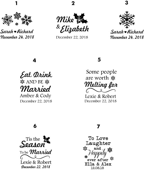 Frosted snowflake shot glasses, personalized winter wedding favors