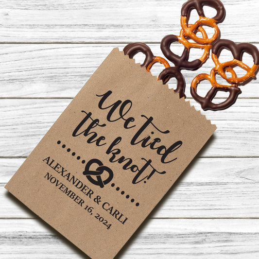 Pretzel wedding treat bags- We tied the knot