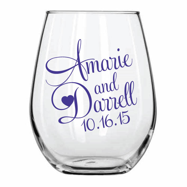 Copas de vino sin tallo personalizadas, diseño de monograma, regalos de boda personalizados con sus nombres y fecha de boda.
