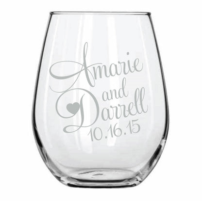 Personalized Stemless wine glasses, monogram design, personalized wedding favors with your names and wedding date