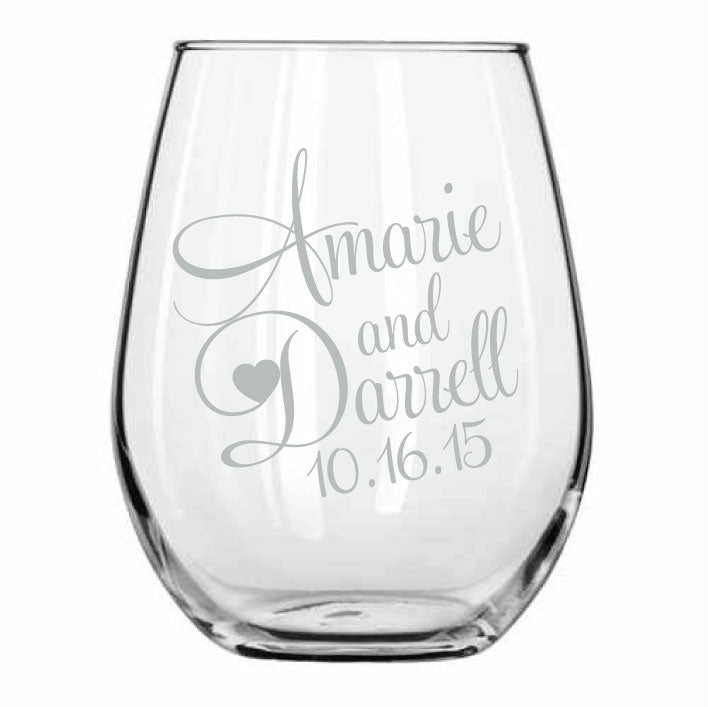 Copas de vino sin tallo personalizadas, diseño de monograma, regalos de boda personalizados con sus nombres y fecha de boda.