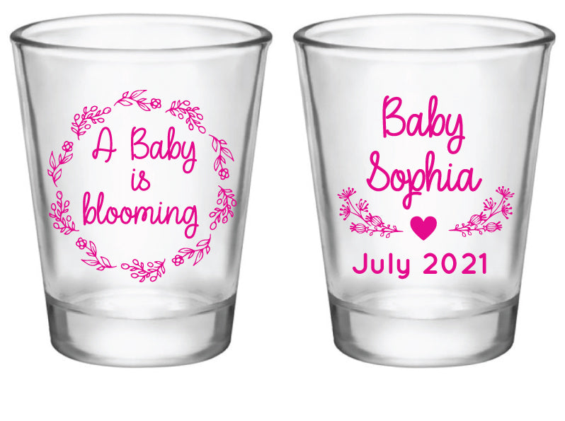 Personalized baby shower shot glasses, a baby is blooming 
