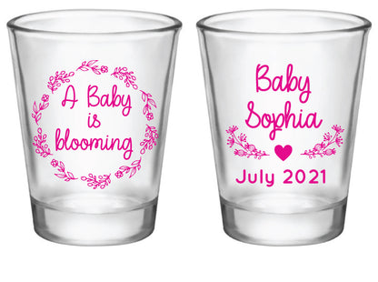 Personalized baby shower shot glasses, a baby is blooming 