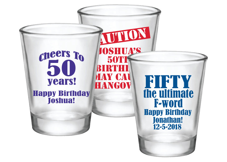 Personalized 50th birthday shot glasses favors 