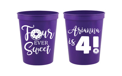 Personalized donut birthday cups, 4th birthday cups four ever sweet