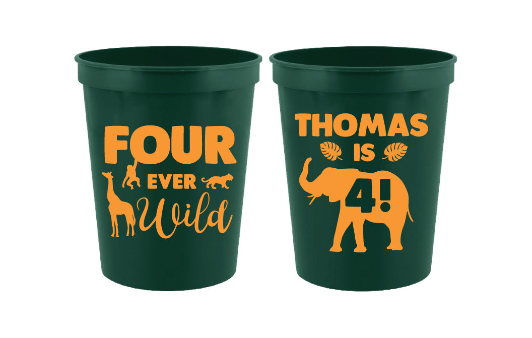 Personalized 4th birthday cups, four ever wild jungle cups 