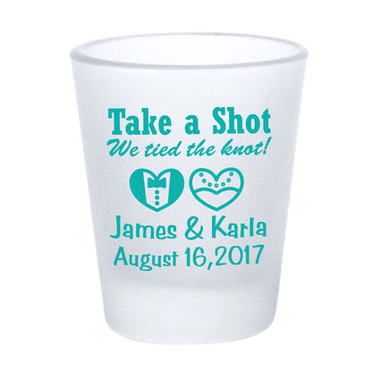 Frosted shot glasses, wedding favors, take a shot we tied the knot