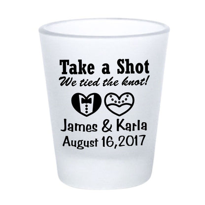 Frosted shot glasses, wedding favors, take a shot we tied the knot