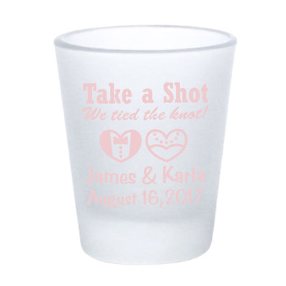 Frosted shot glasses, wedding favors, take a shot we tied the knot