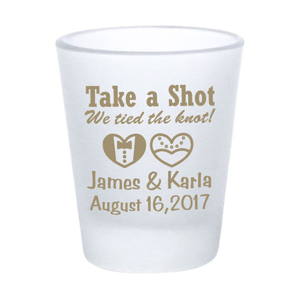Frosted shot glasses, wedding favors, take a shot we tied the knot
