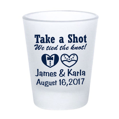 Frosted shot glasses, wedding favors, take a shot we tied the knot