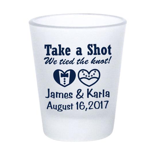 Frosted shot glasses, wedding favors, take a shot we tied the knot