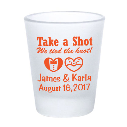 Frosted shot glasses, wedding favors, take a shot we tied the knot