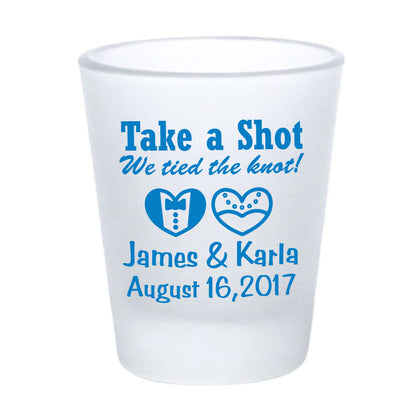 Frosted shot glasses, wedding favors, take a shot we tied the knot