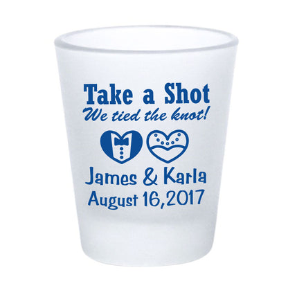 Frosted shot glasses, wedding favors, take a shot we tied the knot