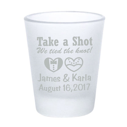 Frosted shot glasses, wedding favors, take a shot we tied the knot