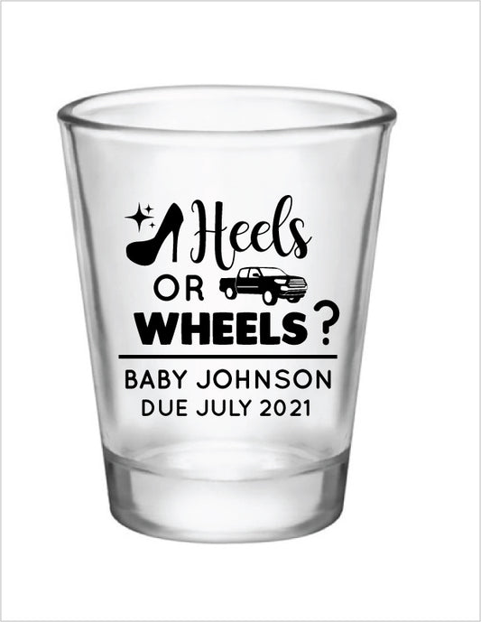 Heels or wheels- gender reveal shot glasses