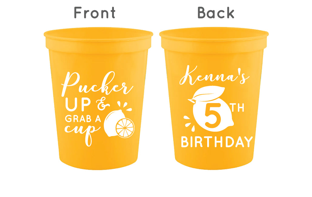 Personalized lemon birthday cups, pucker up grab a cup 