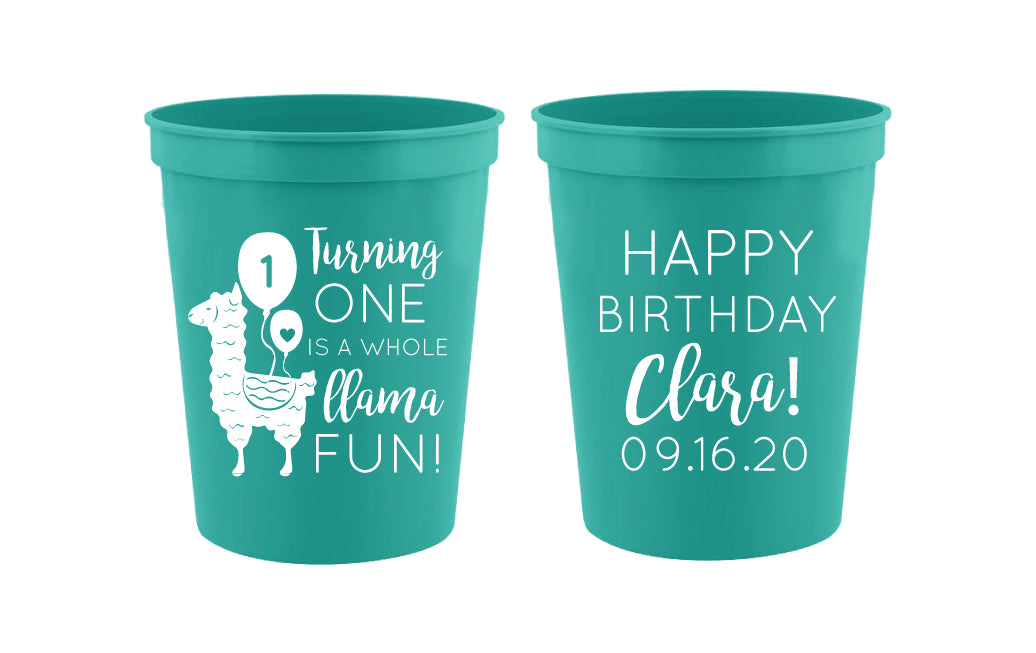 Personalized llama 1st birthday party cups 