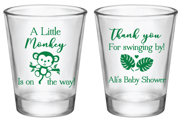 Personalized monkey baby shower shot glasses