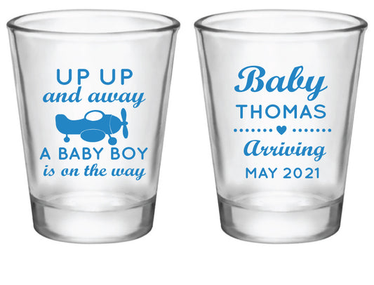 Personalized airplane baby shower shot glasses