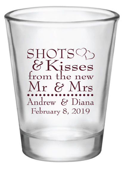 wedding shot glasses, shots and kisses to the new Mr & Mrs, personalized favors
