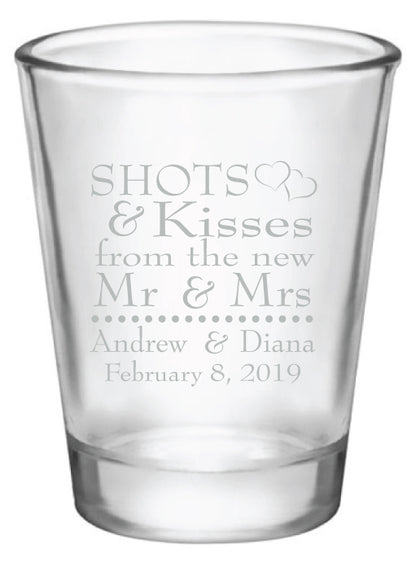 wedding shot glasses, shots and kisses to the new Mr & Mrs, personalized favors