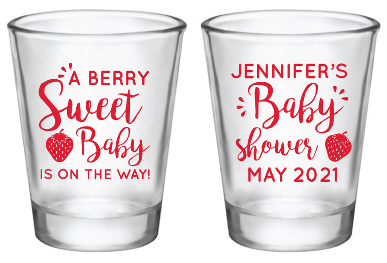 Personalized strawberry baby shower shot glasses