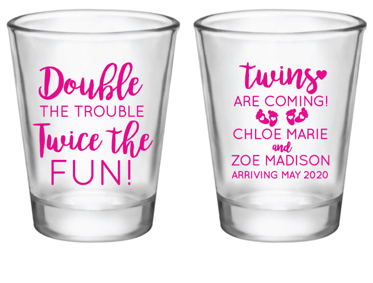 Personalized twin baby shower shot glasses favors 