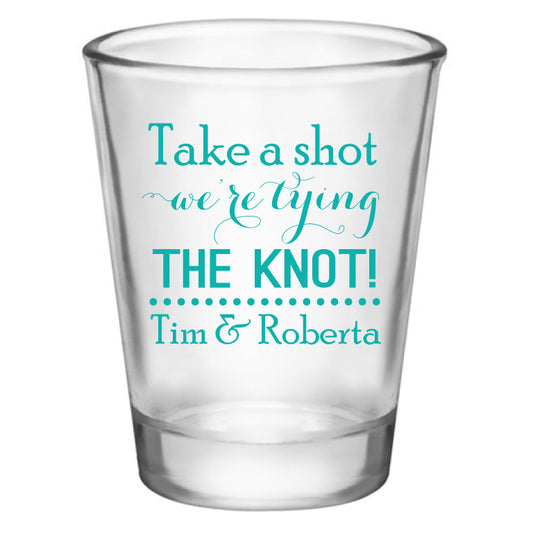 Engagement party favors, personalized shot glasses. Take a shot we're tying the knot