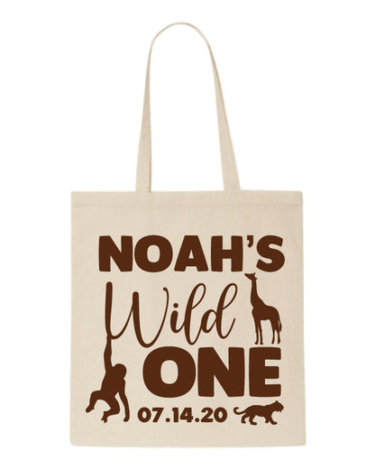 Wild one birthday tote bags
