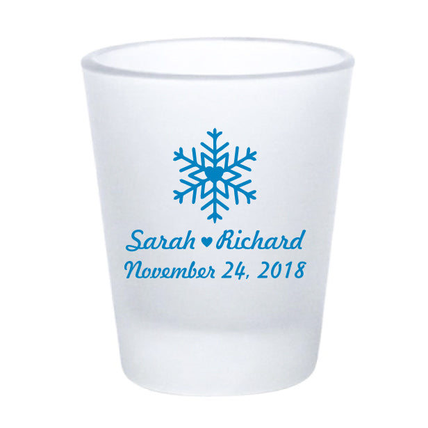 Frosted snowflake shot glasses, personalized winter wedding favors