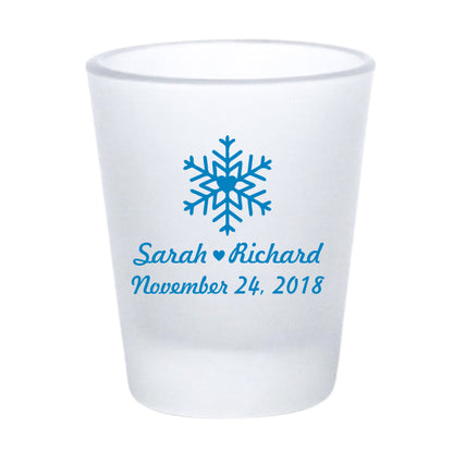 Frosted snowflake shot glasses, personalized winter wedding favors