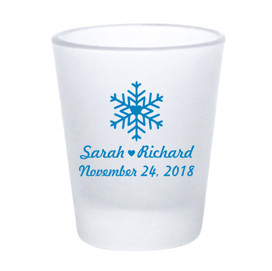 Frosted snowflake shot glasses, personalized winter wedding favors