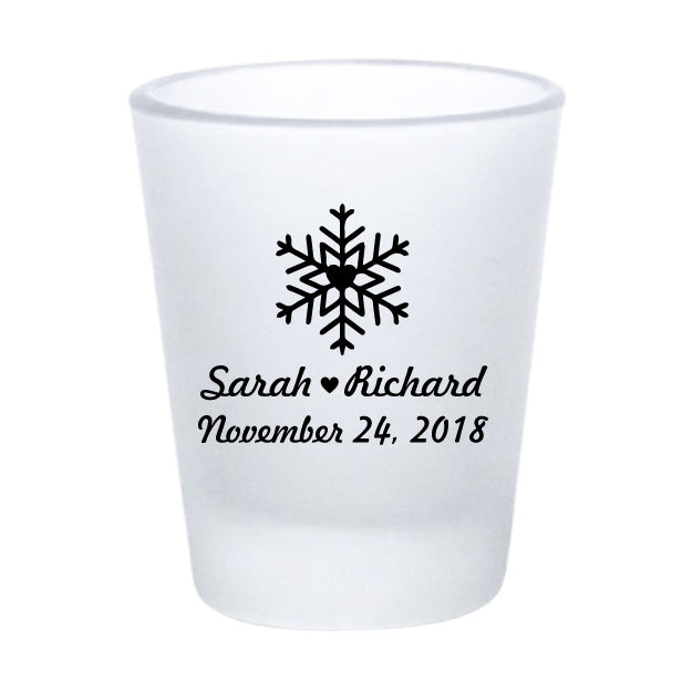 Frosted snowflake shot glasses, personalized winter wedding favors