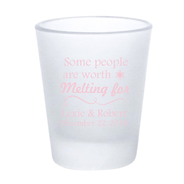 Frosted snowflake shot glasses, personalized winter wedding favors