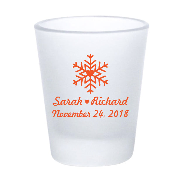 Frosted snowflake shot glasses, personalized winter wedding favors