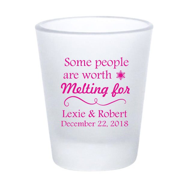 Frosted snowflake shot glasses, personalized winter wedding favors