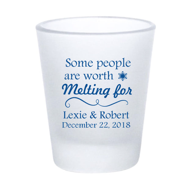 Frosted snowflake shot glasses, personalized winter wedding favors